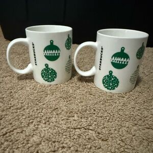 Set of 2 Starbucks 2016 Holiday Ornament Mugs 12oz Green & White Christmas
